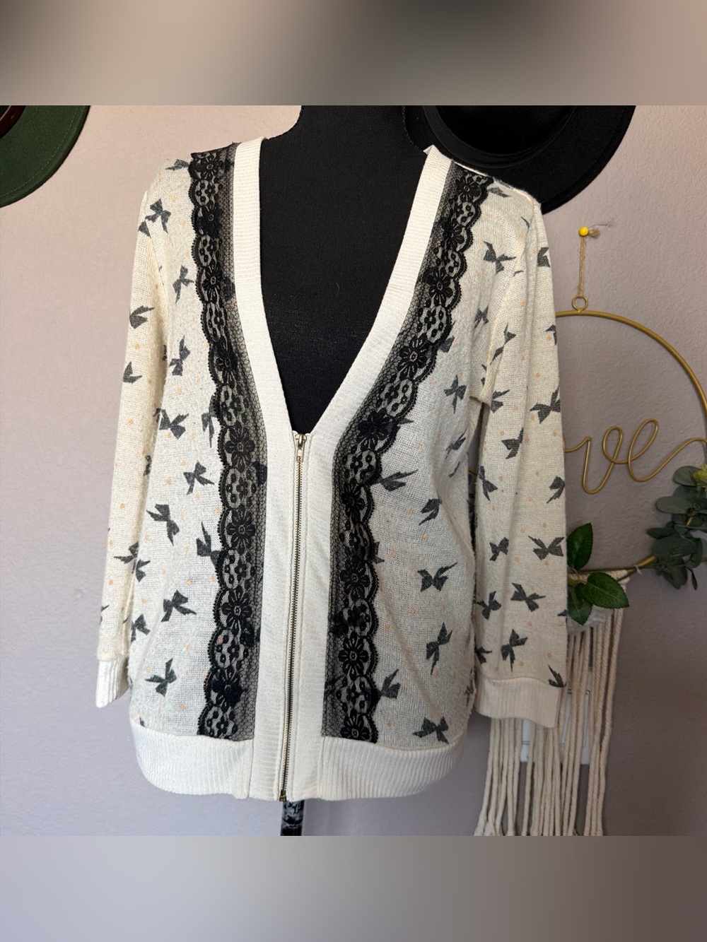 Spoiled Cream Zip Cardigan with Black Lace and Gray Bird Print